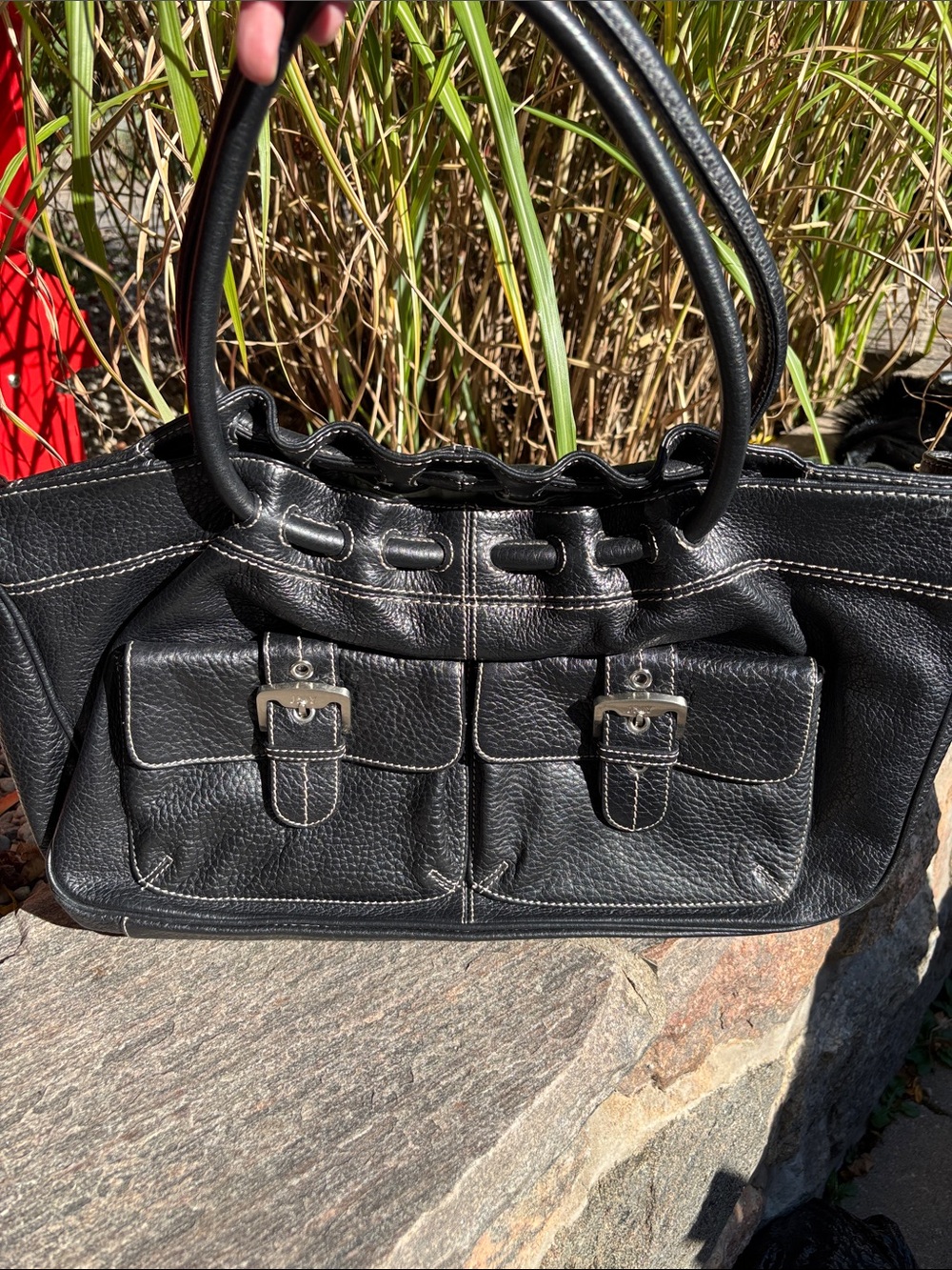 Jones New York Black Leather Shoulder Tote with Front Buckle Pockets